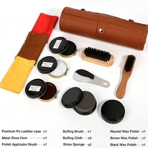 12-Piece Shoe Shine Kit-Polish Brush Set Kit with PU Leather Sleek Elegant Case - Picture 3 of 7